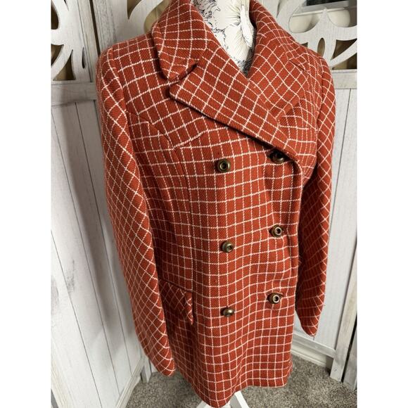 Vintage Wool Peacoat Orange White Checkered 60s 70s Union Made Size Medium - Picture 2 of 10